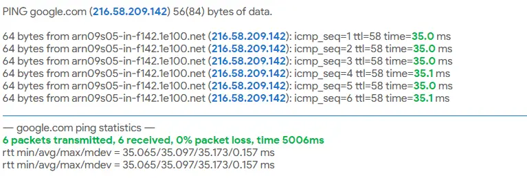 Risultati del test ping